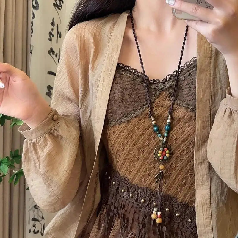 Boho Wooden Beaded Long Pendant Sweater Chain Necklace – Handmade Ethnic Style