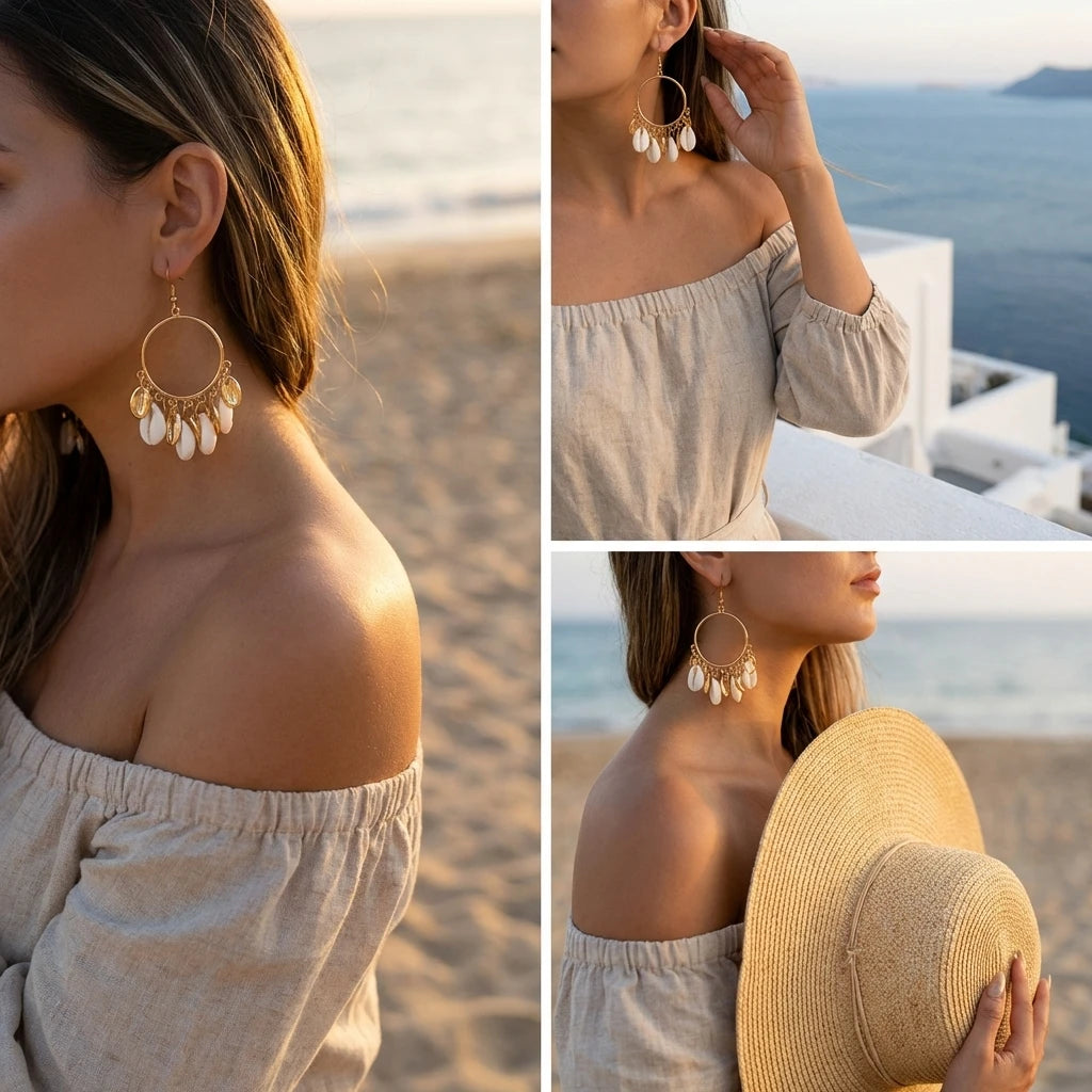 Boho Festival Statement Chandelier Earrings – Shell Tassel Dangle Drop Earrings