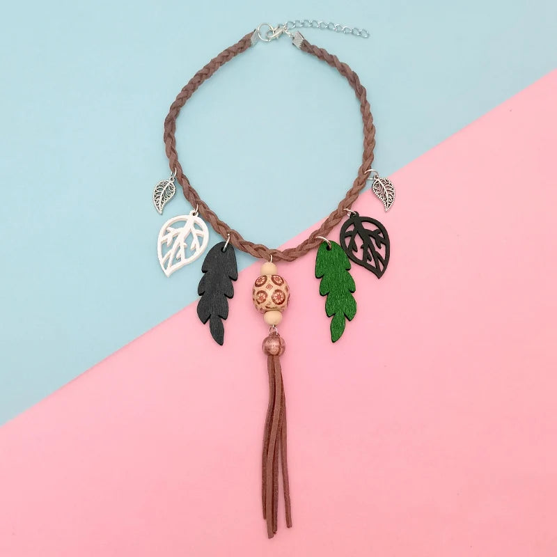 Boho Tassel & Leaf Pendant Choker Necklace – Ethnic Vintage Short Necklace