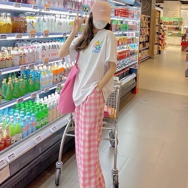 Pants Women Plaid High Waist Hot Sale Summer Loose Korean Style Wide Leg Pockets All-match Stylish New Arrivals Popular Female