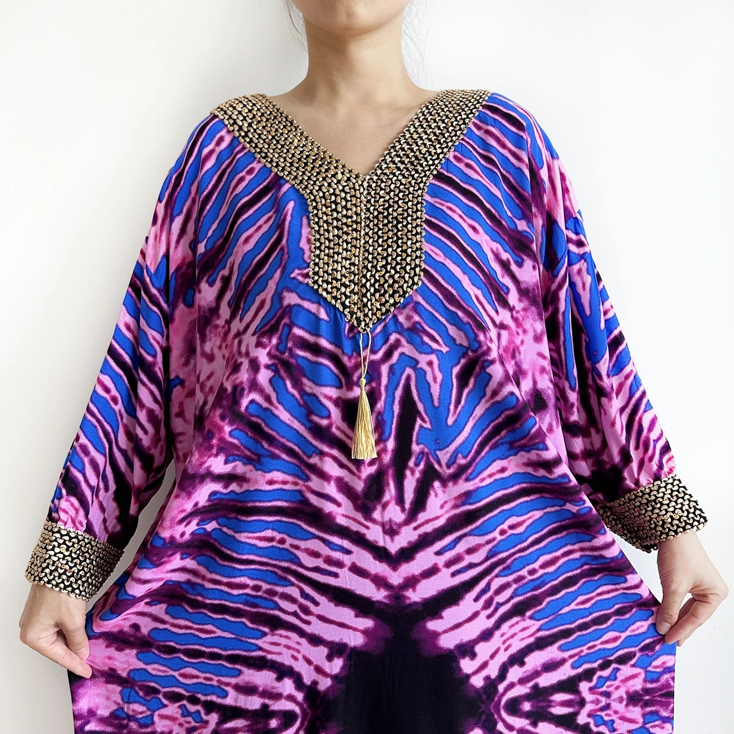 Embroidered Cotton Abaya Maxi Dress | Boho Long Sleeve V-Neck