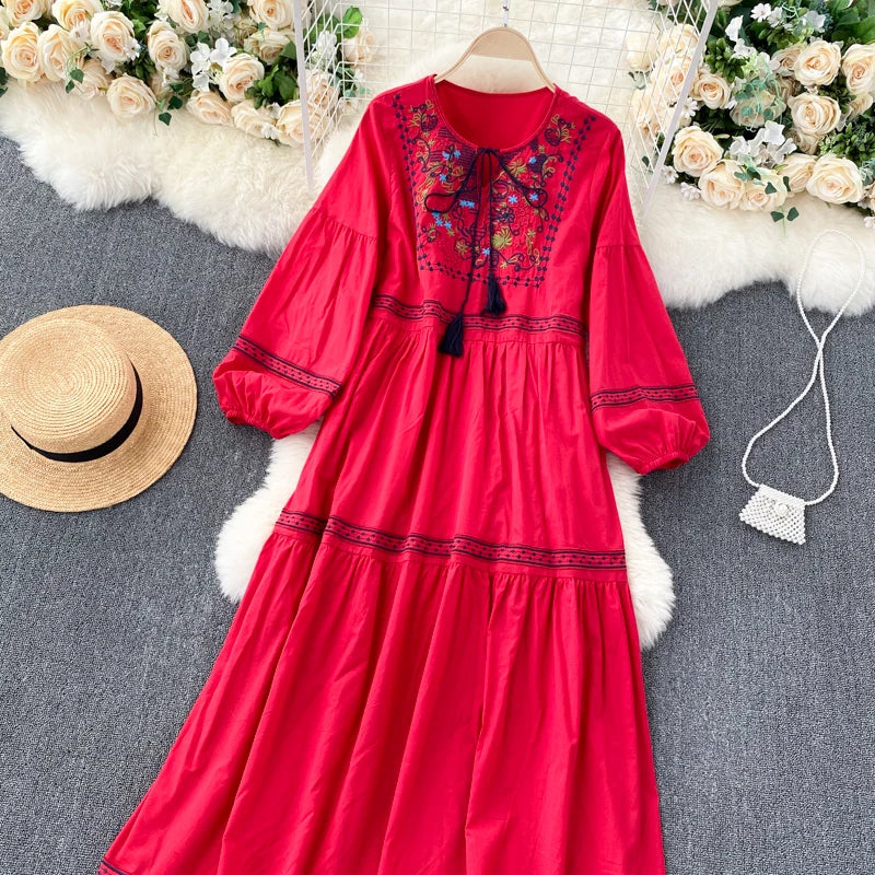 Embroidered Lantern Sleeve Boho Midi Dress | Lace-Up A-Line