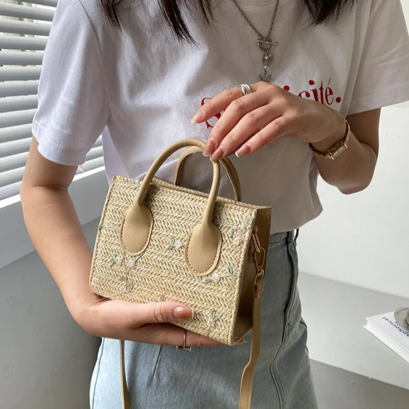 Boho Floral Embroidery Woven Handbag | Convertible Top Handle & Crossbody Bag