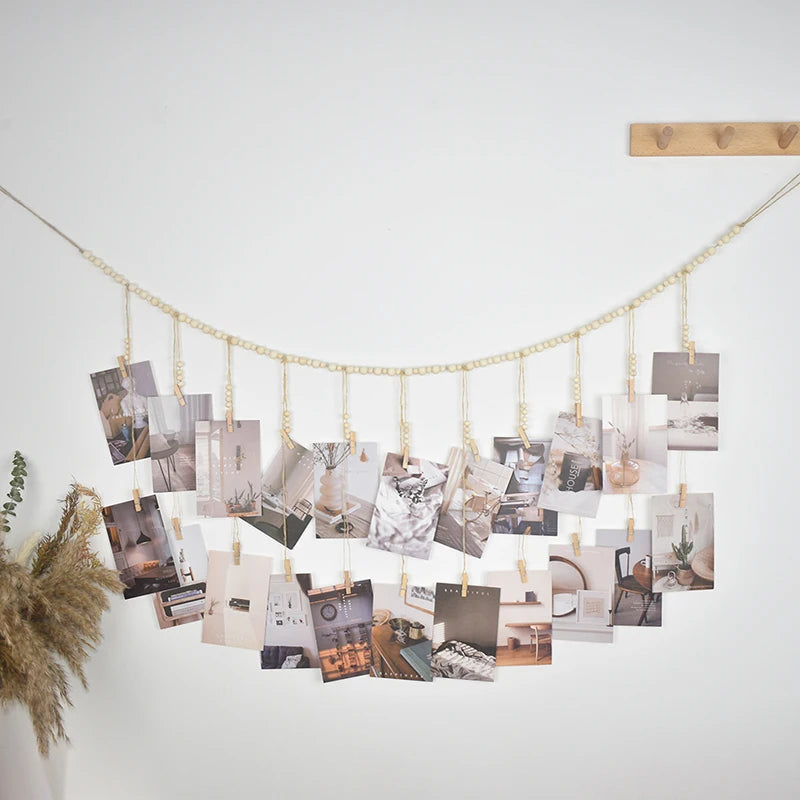 Boho Macrame Photo Display Wall Hanging – Wooden Bead Tapestry