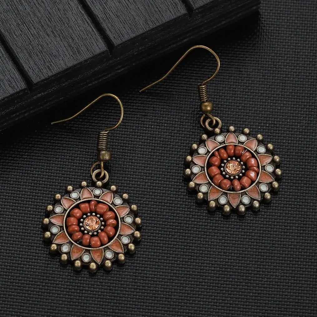 Boho Vintage Flower & Wood Beaded Drop Earrings