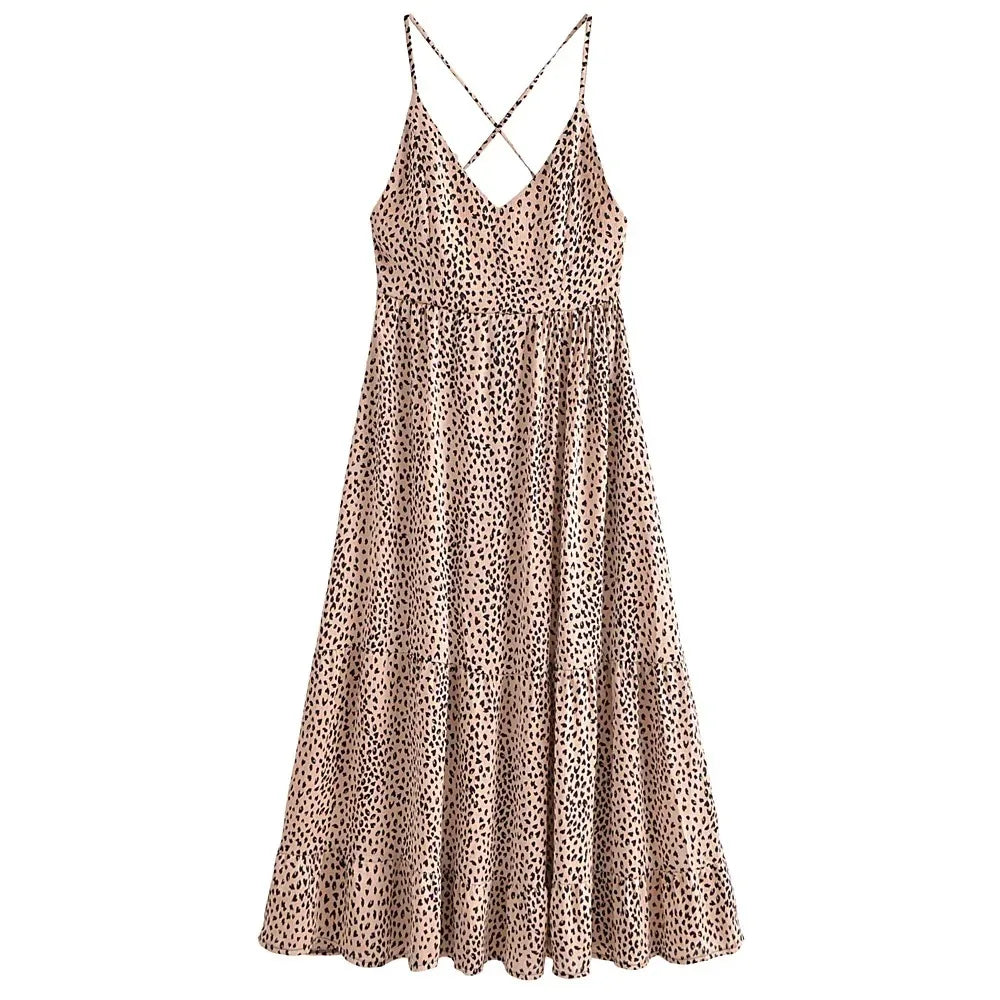 Leopard Print Boho Maxi Dress | Backless Spaghetti Strap