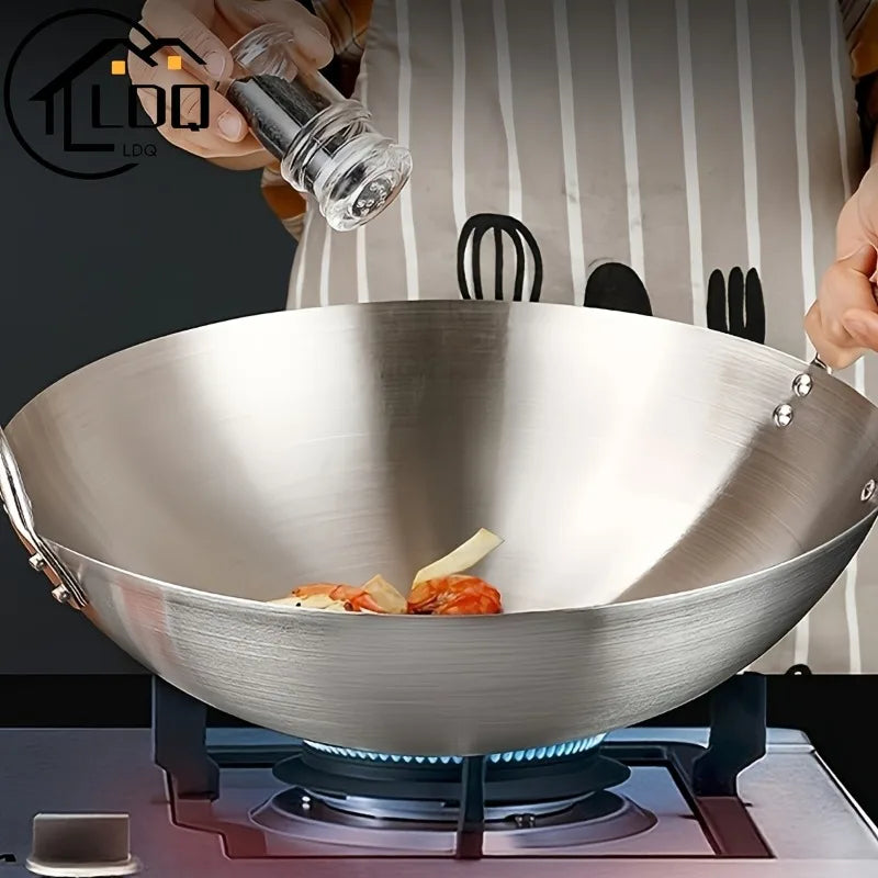 Stainless Steel Dual Handle Wok | Uncoated Thick Chef's Pan with Lid