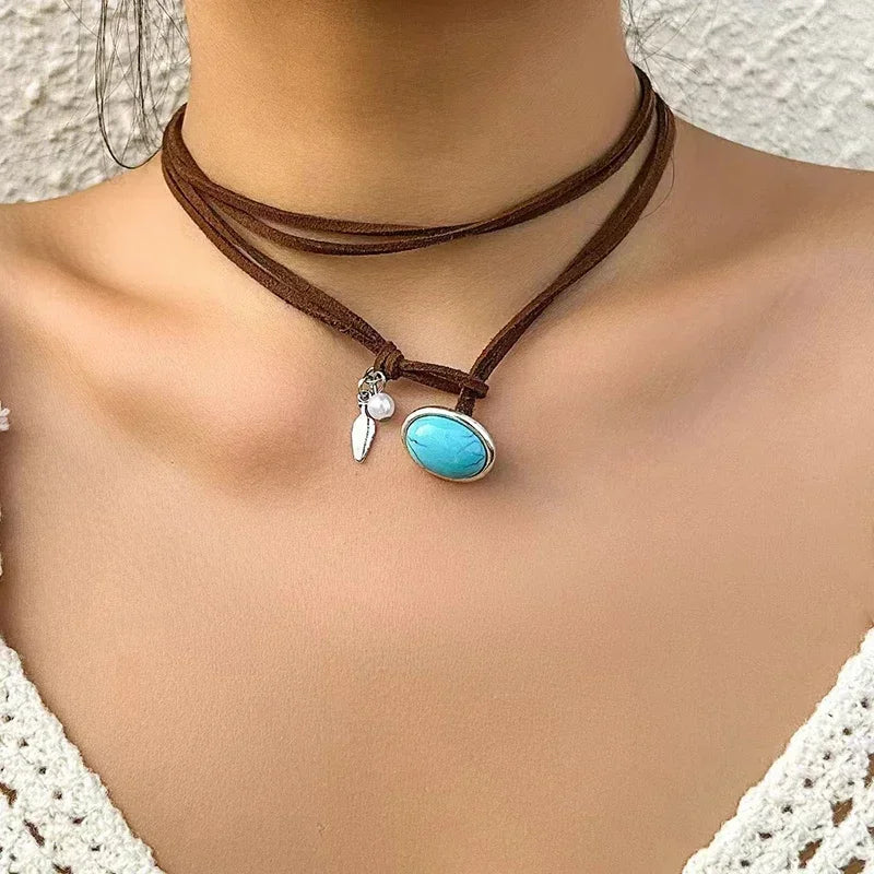 Boho Beaded Leather Cord Round Pendant Necklace – Ethnic Vintage Choker