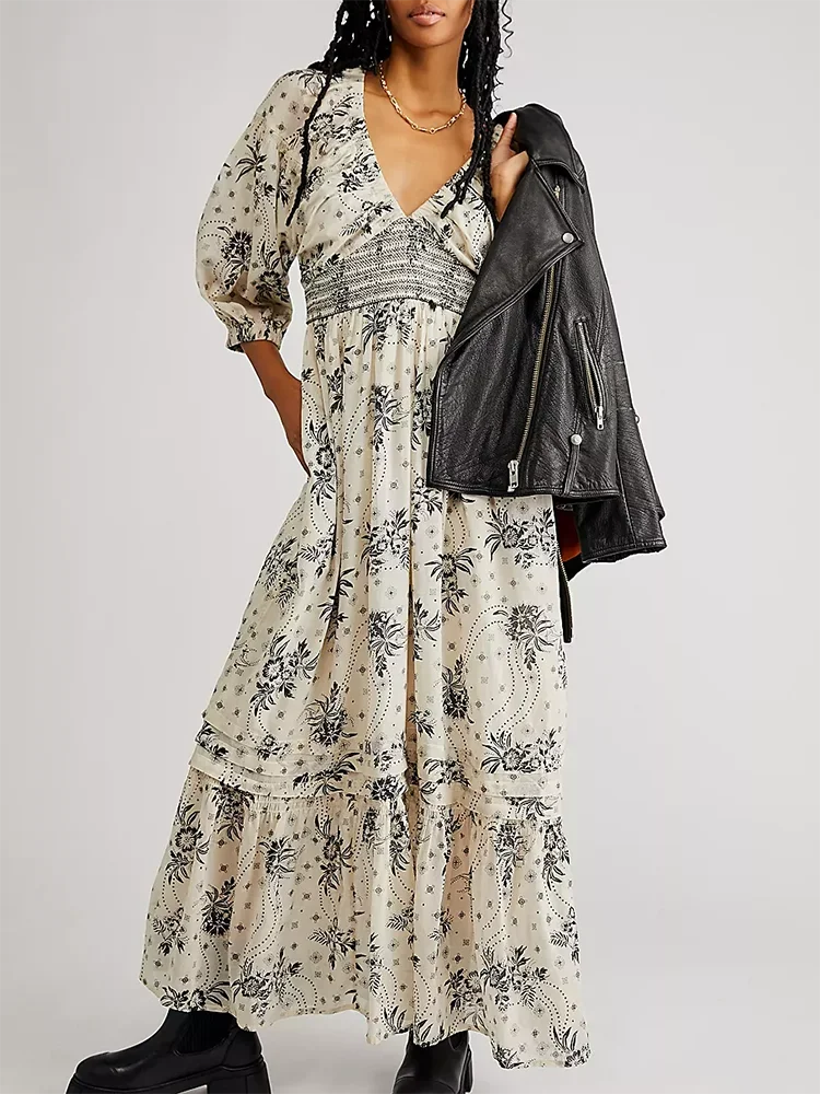 Floral Boho Midi Dress | V-Neck Puff Sleeve Hollow-Out