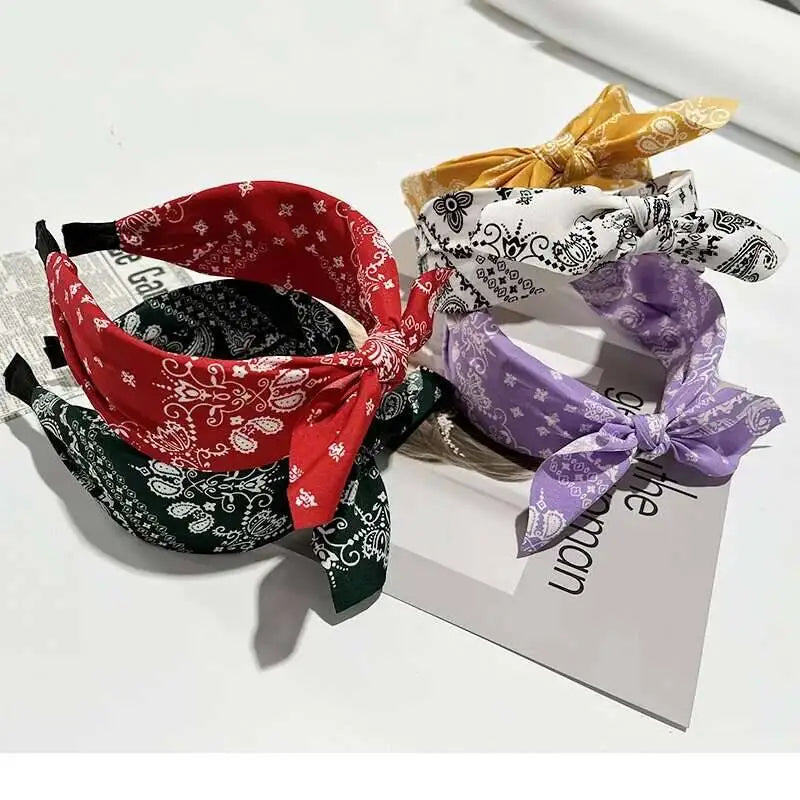 Boho Bow Print Wide Headband – Vintage Silk Cross-Knot Hair Hoop