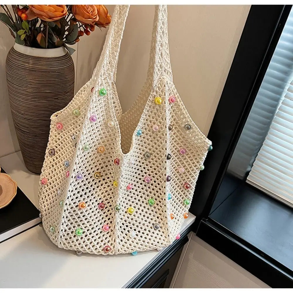 Boho Crochet Beach Tote Bag | Large Hollow Knit Bag with Colored Bead Detail