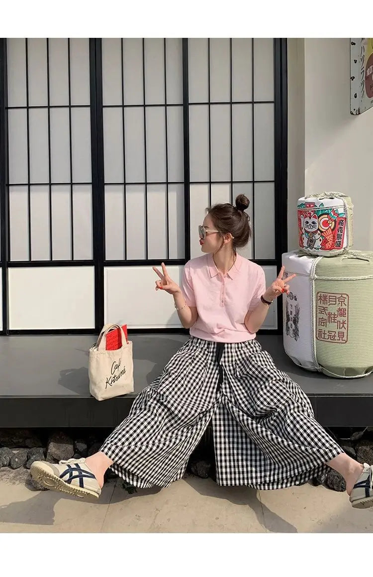 Plaid Wide Leg Pants Women Baggy Korean Style Panelled Temper Trousers Streetwear Pantalones Clothes Summer A-line Teens College