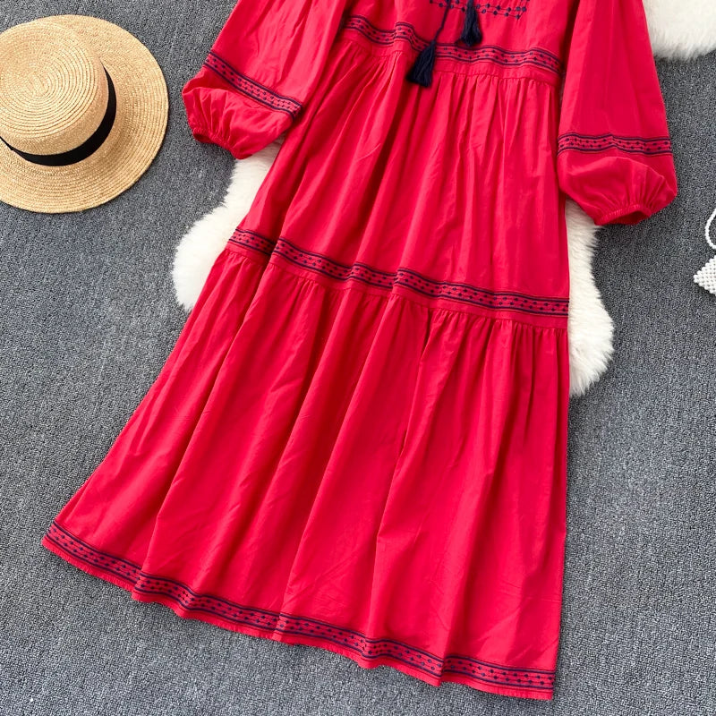 Embroidered Lantern Sleeve Boho Midi Dress | Lace-Up A-Line