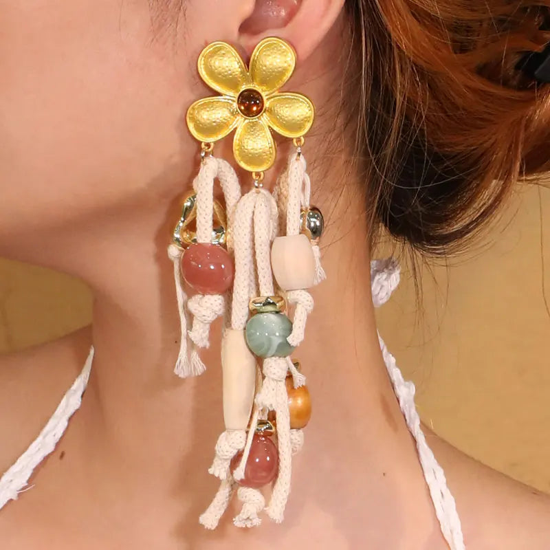 Boho Flower & Rope Dangle Earrings – Handmade Statement Jewelry
