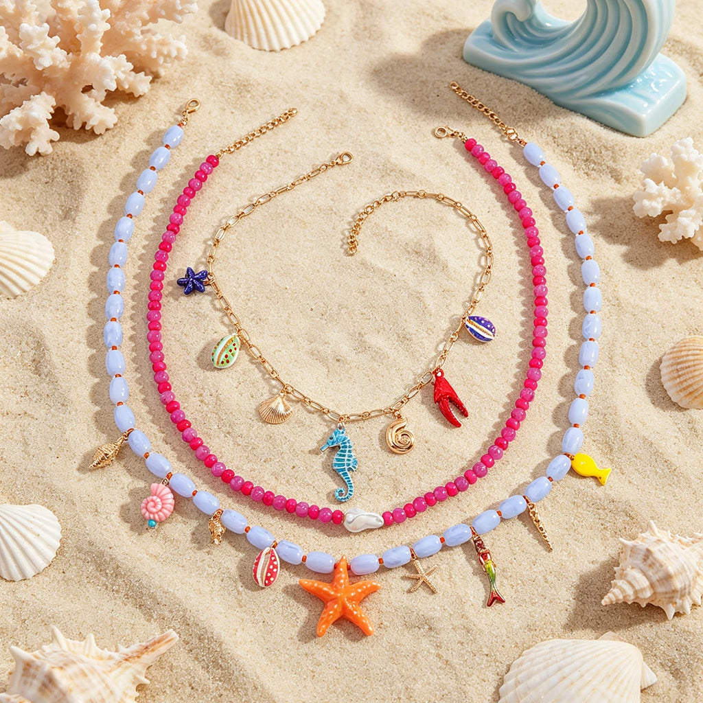 Boho Multilayer Ocean Charm Beaded Statement Necklace – Colorful Sea Animal Design