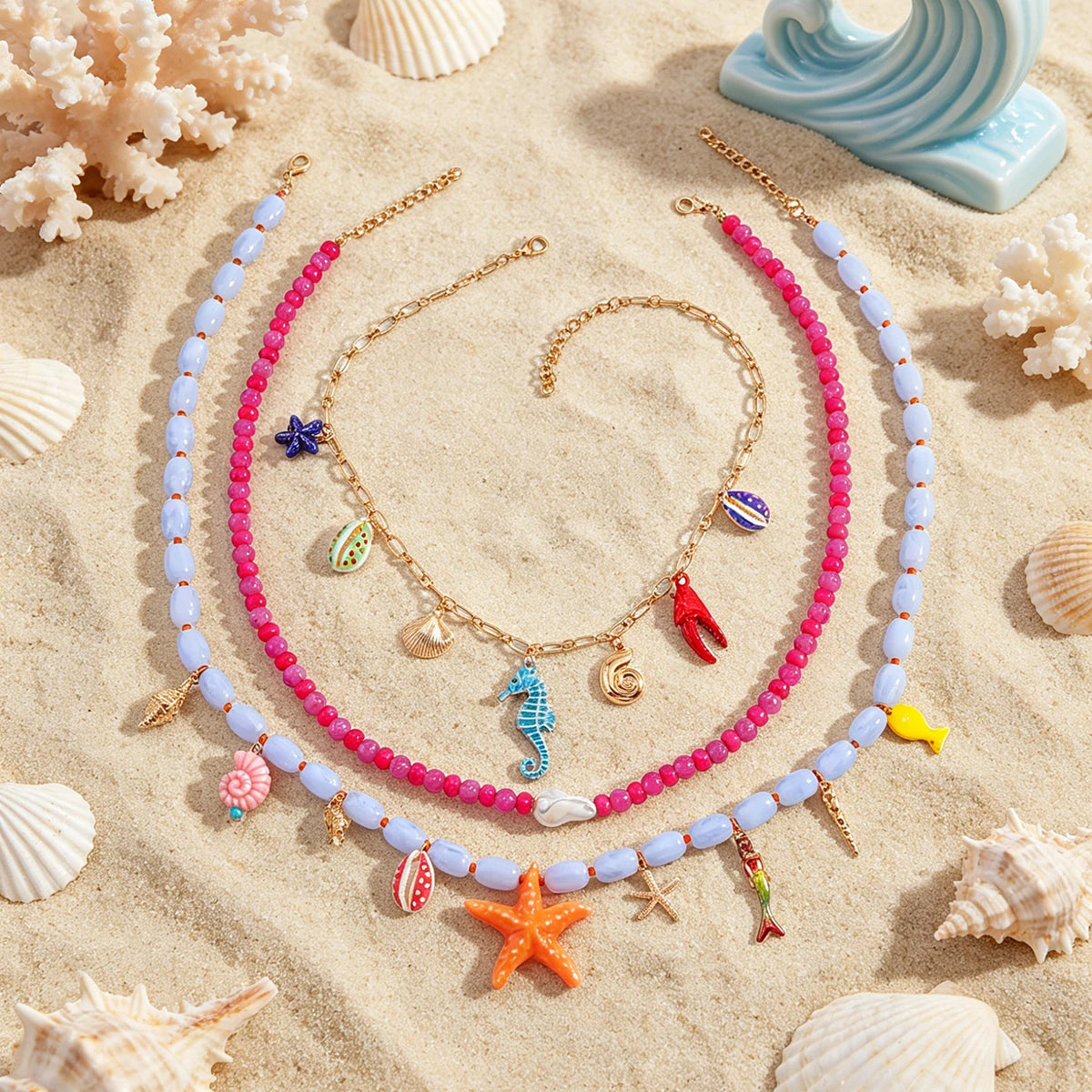 Boho Multilayer Ocean Charm Beaded Statement Necklace – Colorful Sea Animal Design