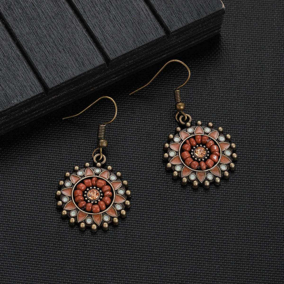 Boho Vintage Flower & Wood Beaded Drop Earrings