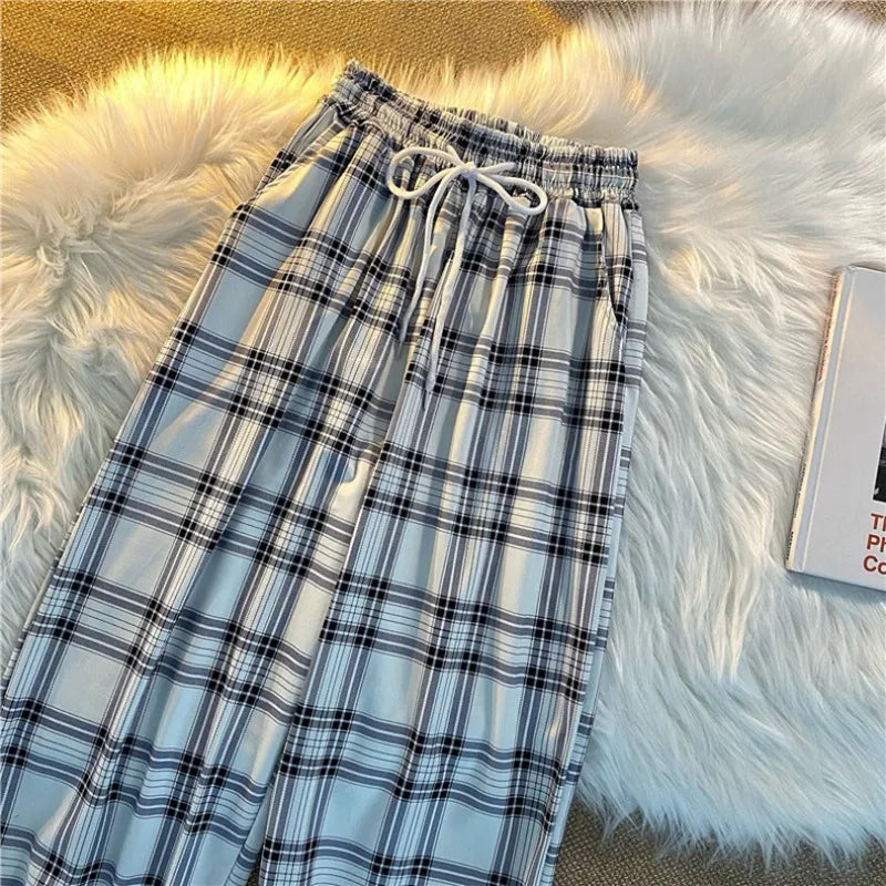 Pants Women New Bunch of Feet Fashion Loose Black Plaid Summer Harajuku Students Streetwear Harem Long Trousers Womens Chic