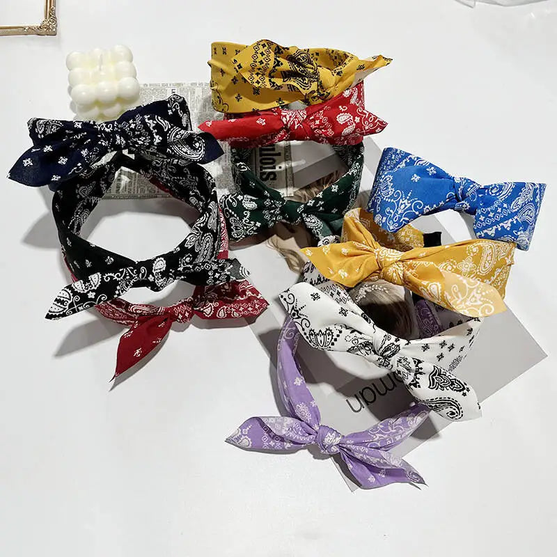 Boho Bow Print Wide Headband – Vintage Silk Cross-Knot Hair Hoop
