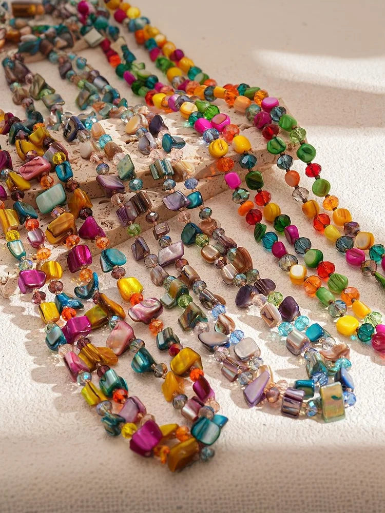 Boho Double-Layer Shell & Irregular Bead Long Necklace – Vintage Summer Jewelry
