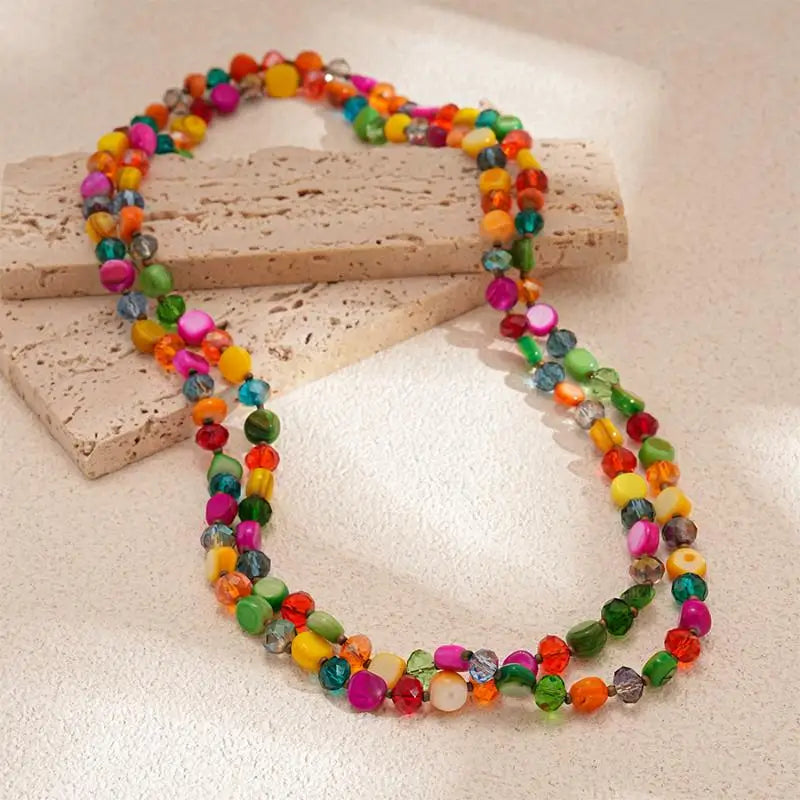 Boho Double-Layer Shell & Irregular Bead Long Necklace – Vintage Summer Jewelry