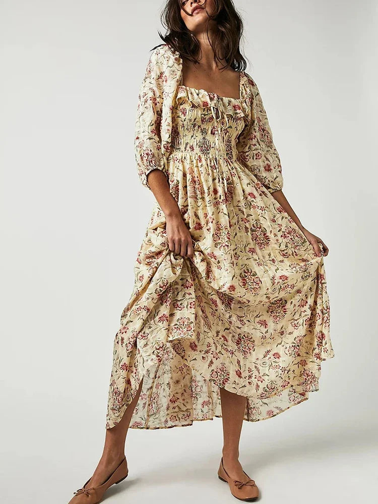 Backless Boho Maxi Dress | Puff Sleeve Empire Waist A-Line