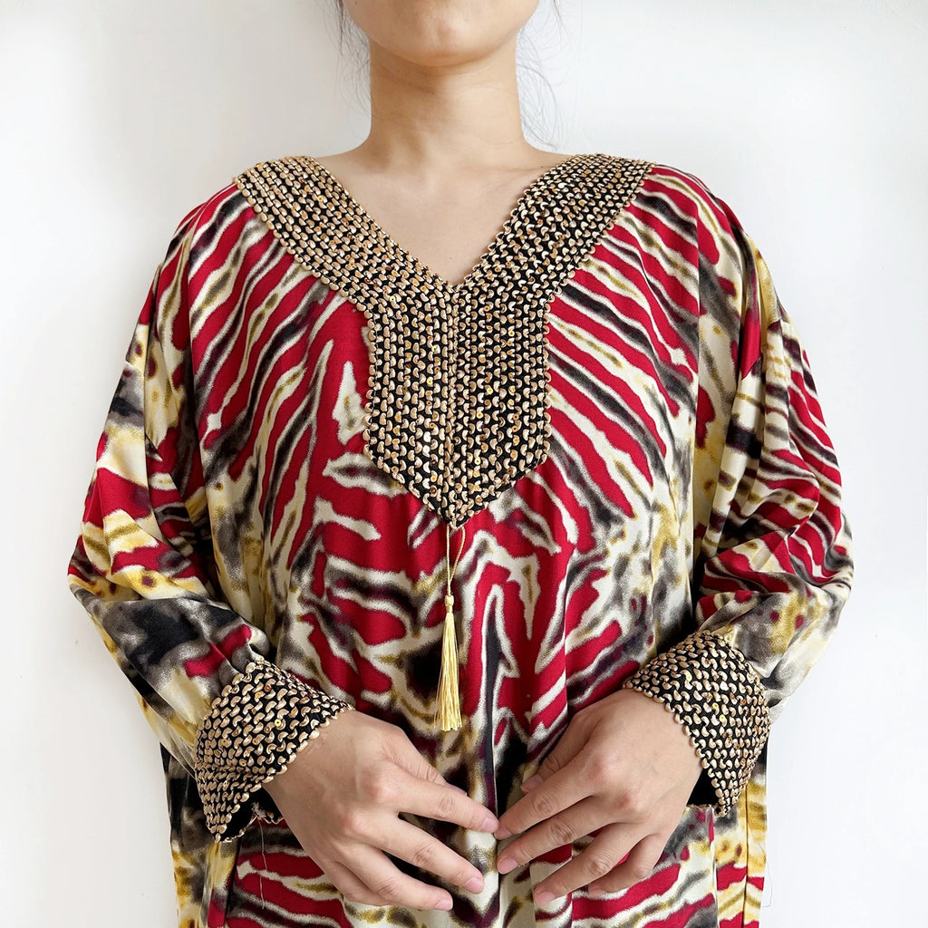 Embroidered Cotton Abaya Maxi Dress | Boho Long Sleeve V-Neck