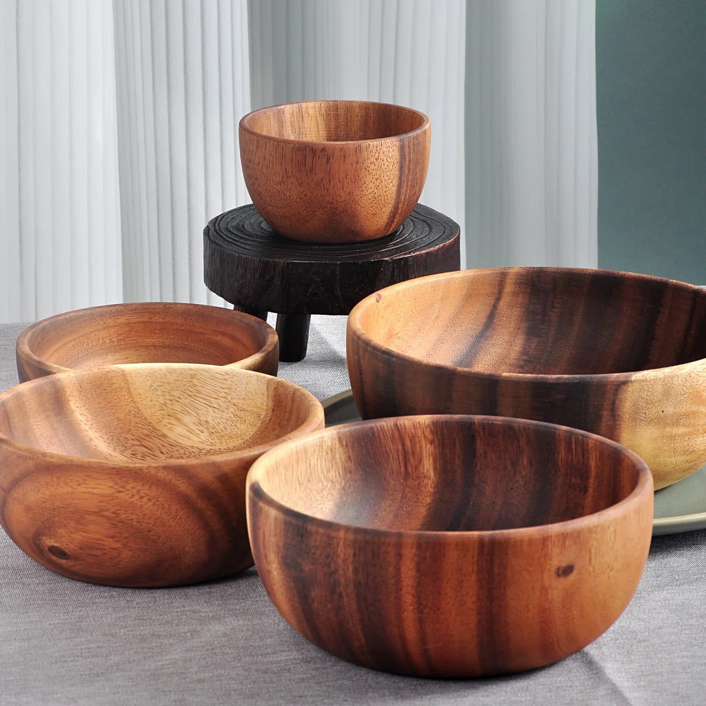 Solid Acacia Wood Bowl | Hand-Crafted Japanese-Style Wooden Salad & Serving Bowl
