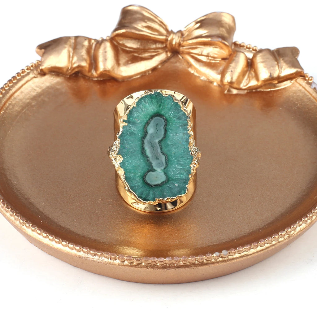 Boho Natural Agate Stone Sunflower Wide Open Ring – Gold Plated Adjustable in 6 Colors