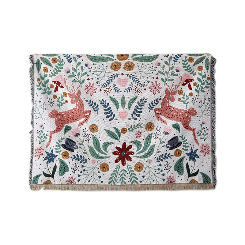 Boho Deer & Floral Jacquard Woven Throw Blanket with Tassels