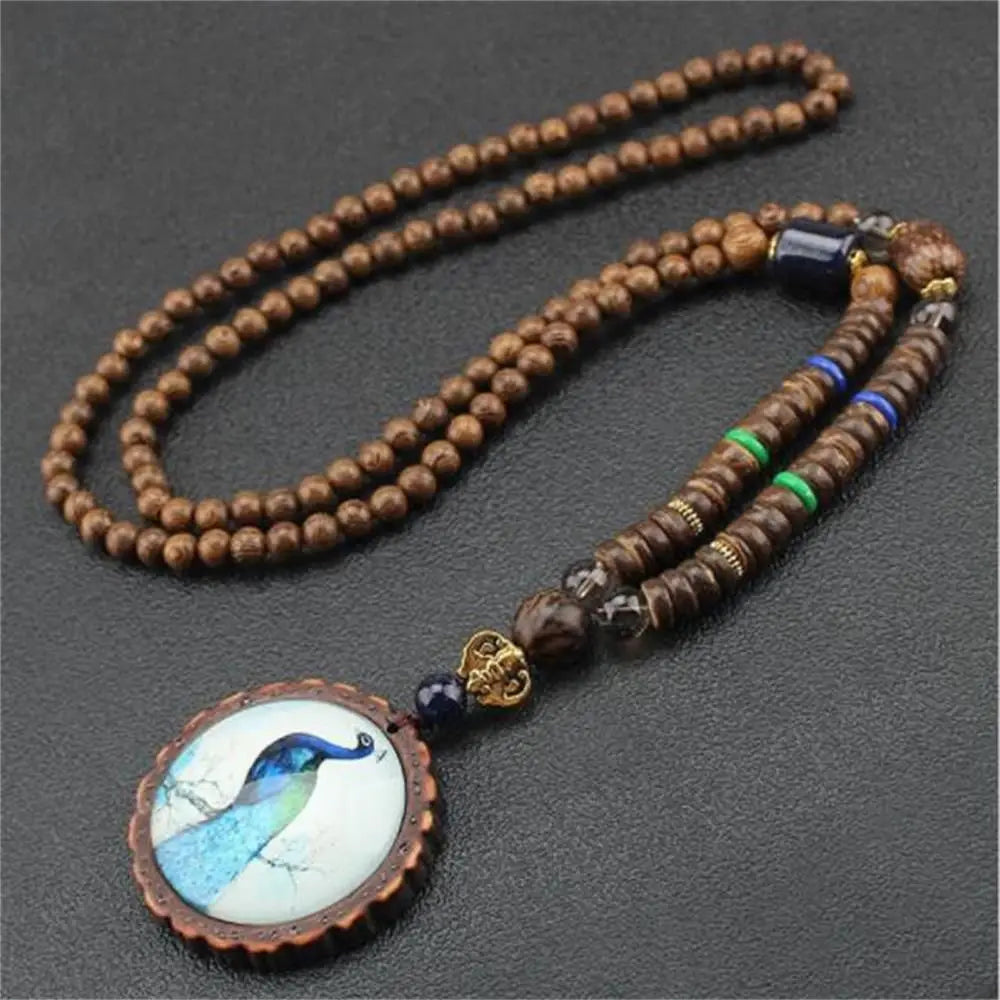 Boho Handmade Nepal Buddhist Mala Wood Bead Long Pendant Necklace – Unisex Ethnic Jewelry