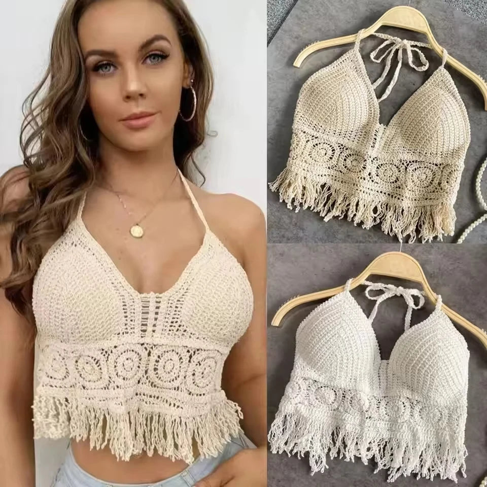 Boho Crochet Halter Bralette Top | Knit Crop Top with Tassel Fringe