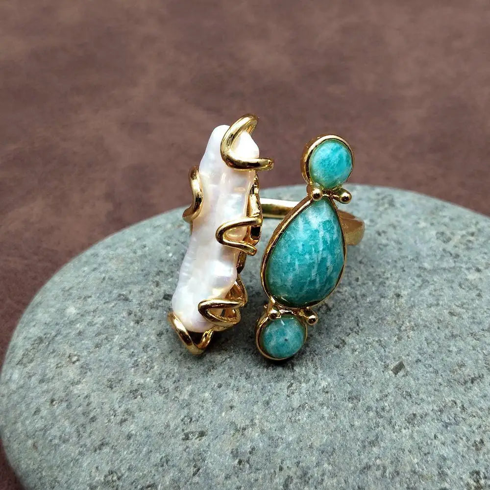 10x28mm Freshwater White Biwa Pearl Green Amazonite Rings Adjustable Girlfriend Gifts