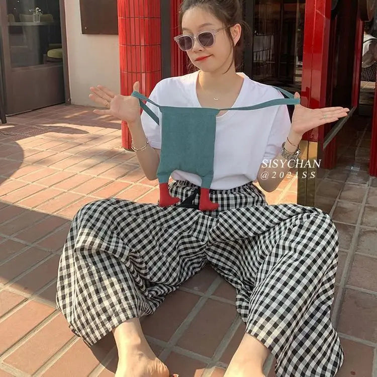 Plaid Wide Leg Pants Women Baggy Korean Style Panelled Temper Trousers Streetwear Pantalones Clothes Summer A-line Teens College