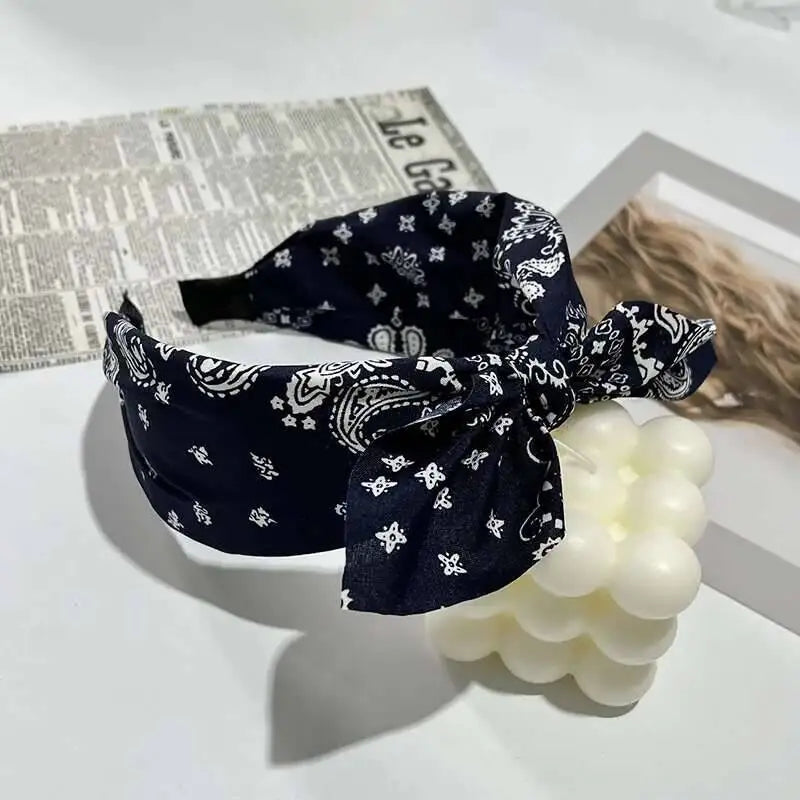 Boho Bow Print Wide Headband – Vintage Silk Cross-Knot Hair Hoop