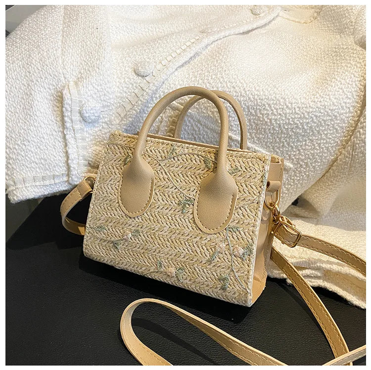 Boho Floral Embroidery Woven Handbag | Convertible Top Handle & Crossbody Bag