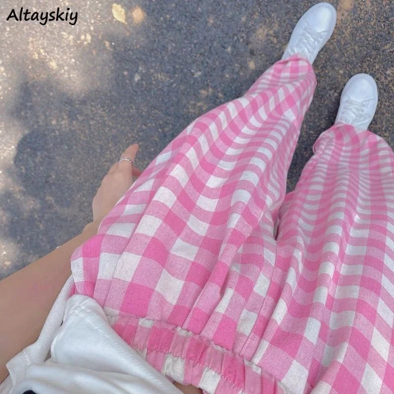 Pants Women Plaid High Waist Hot Sale Summer Loose Korean Style Wide Leg Pockets All-match Stylish New Arrivals Popular Female