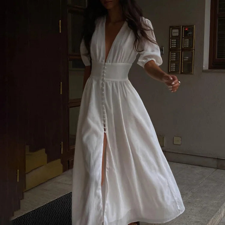 Deep V-Neck Empire Waist Maxi Dress | Boho Flying Sleeve