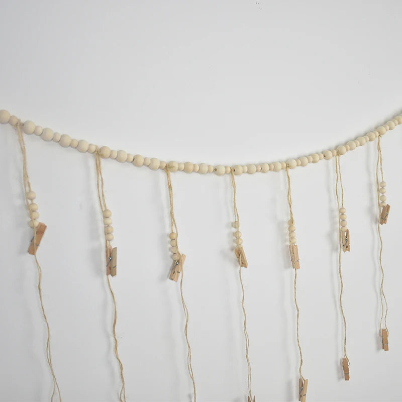 Boho Macrame Photo Display Wall Hanging – Wooden Bead Tapestry