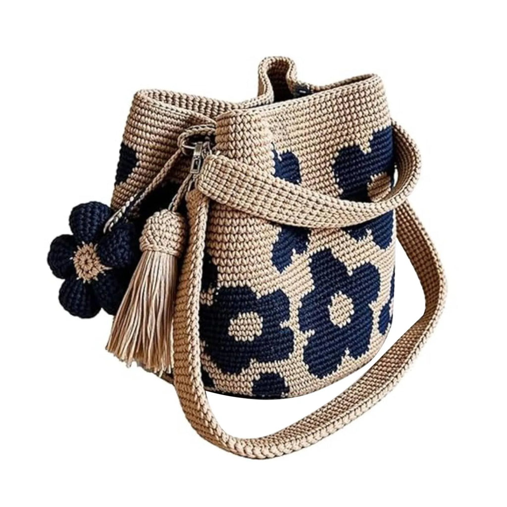 Boho Embroidery Bucket Bag | Drawstring Purse with Flower Tassel