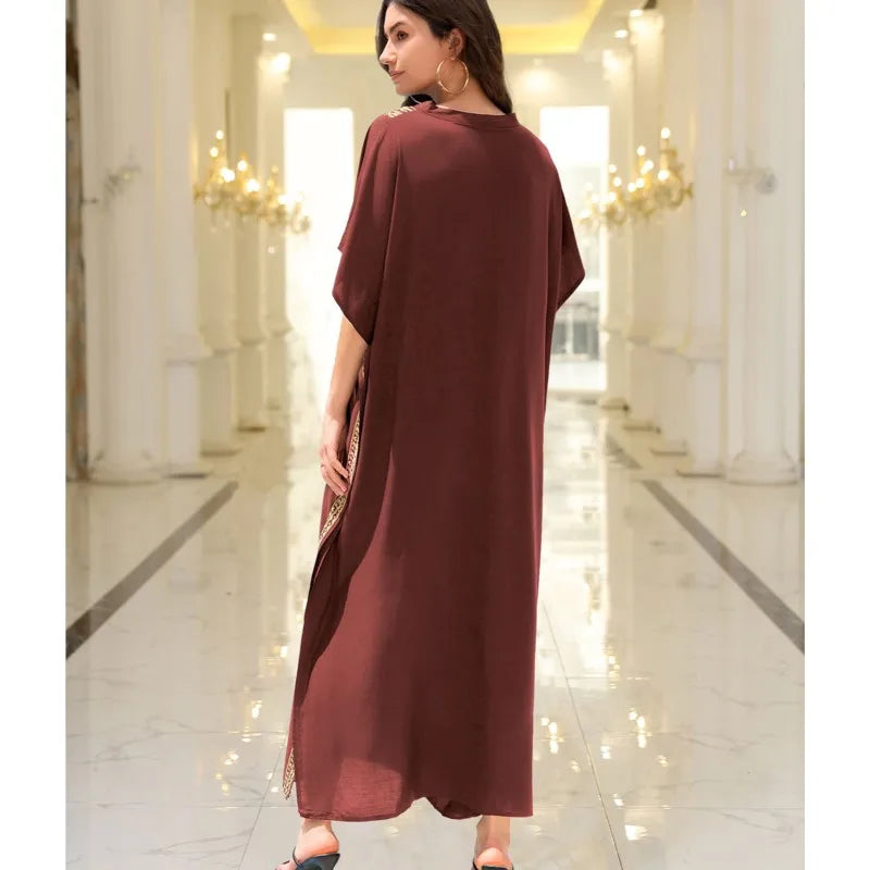 Boho Embroidered Batwing Sleeve Beach Cover-Up Dress – Loose A-Line V-Neck Summer Dress