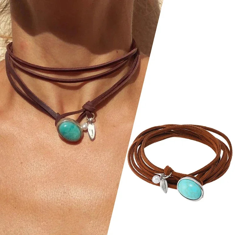 Boho Beaded Leather Cord Round Pendant Necklace – Ethnic Vintage Choker