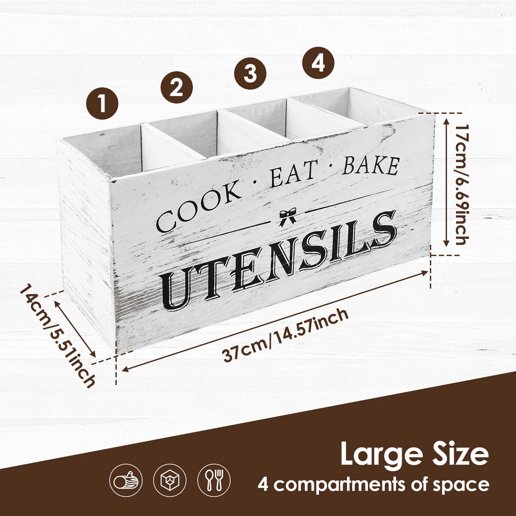 Wood Kitchen Utensil Holder | 3-Compartment Farmhouse Caddy Organizer