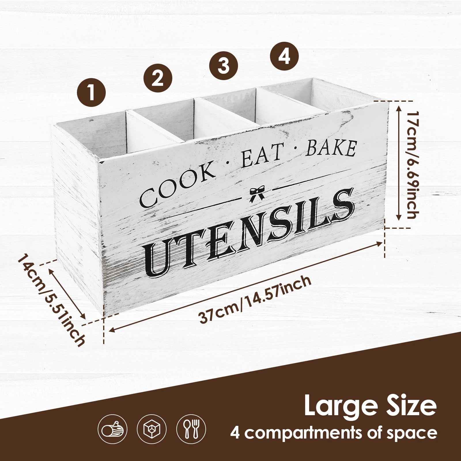 Wood Kitchen Utensil Holder | 3-Compartment Farmhouse Caddy Organizer