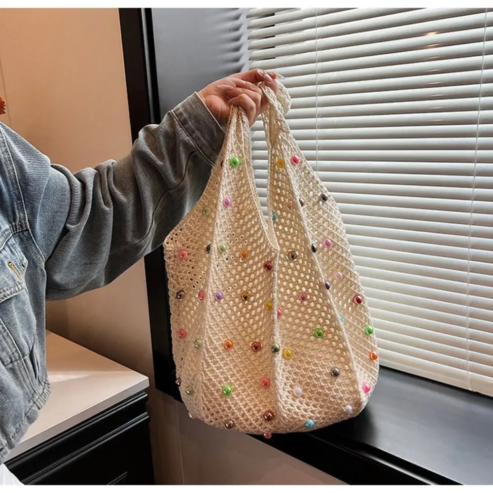 Boho Crochet Beach Tote Bag | Large Hollow Knit Bag with Colored Bead Detail