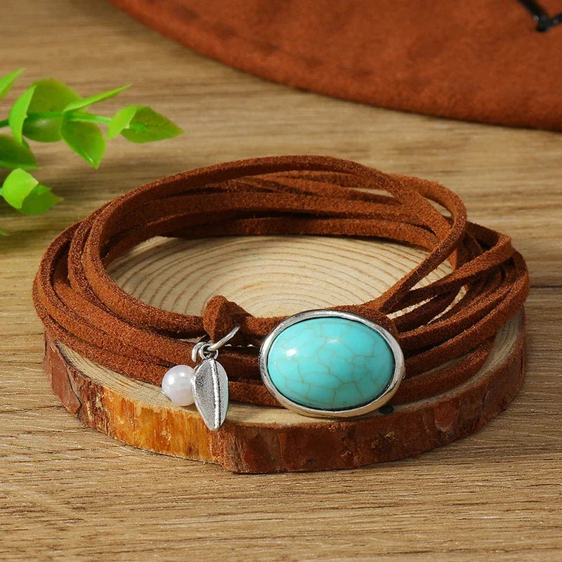 Boho Beaded Leather Cord Round Pendant Necklace – Ethnic Vintage Choker