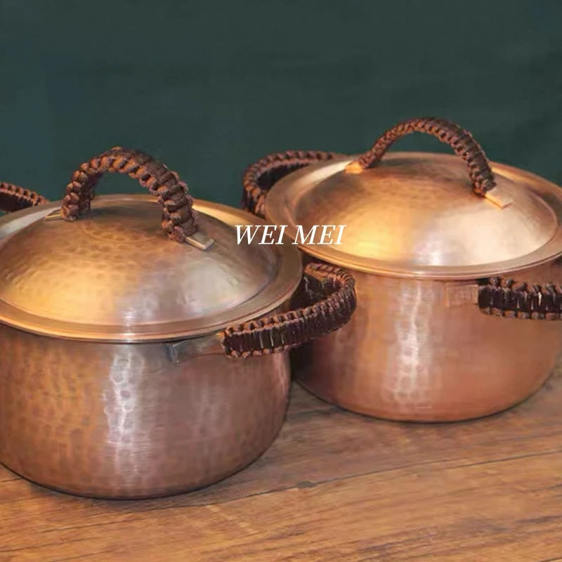 Handmade Copper Pot with Lid | Hammered Texture Retro Soup & Pasta Pot