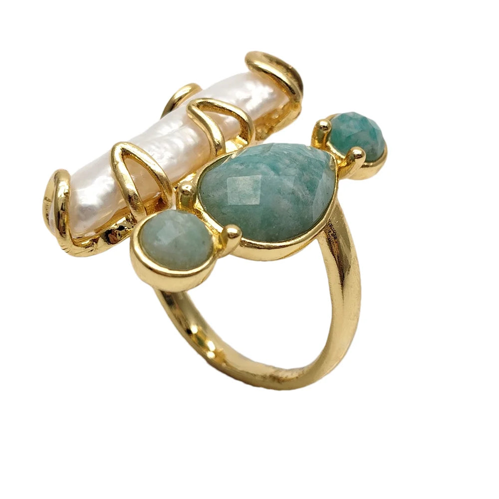 10x28mm Freshwater White Biwa Pearl Green Amazonite Rings Adjustable Girlfriend Gifts