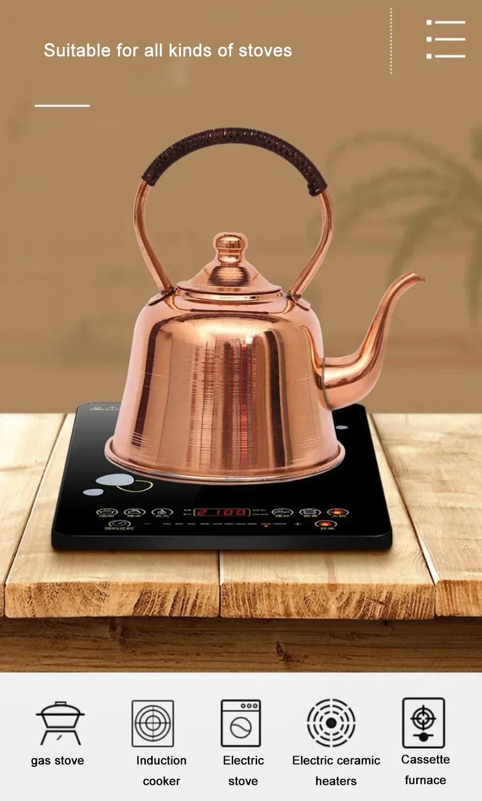 Handmade Pure Copper Teapot | 2L Red Copper Kettle for Gas & Induction Cooker
