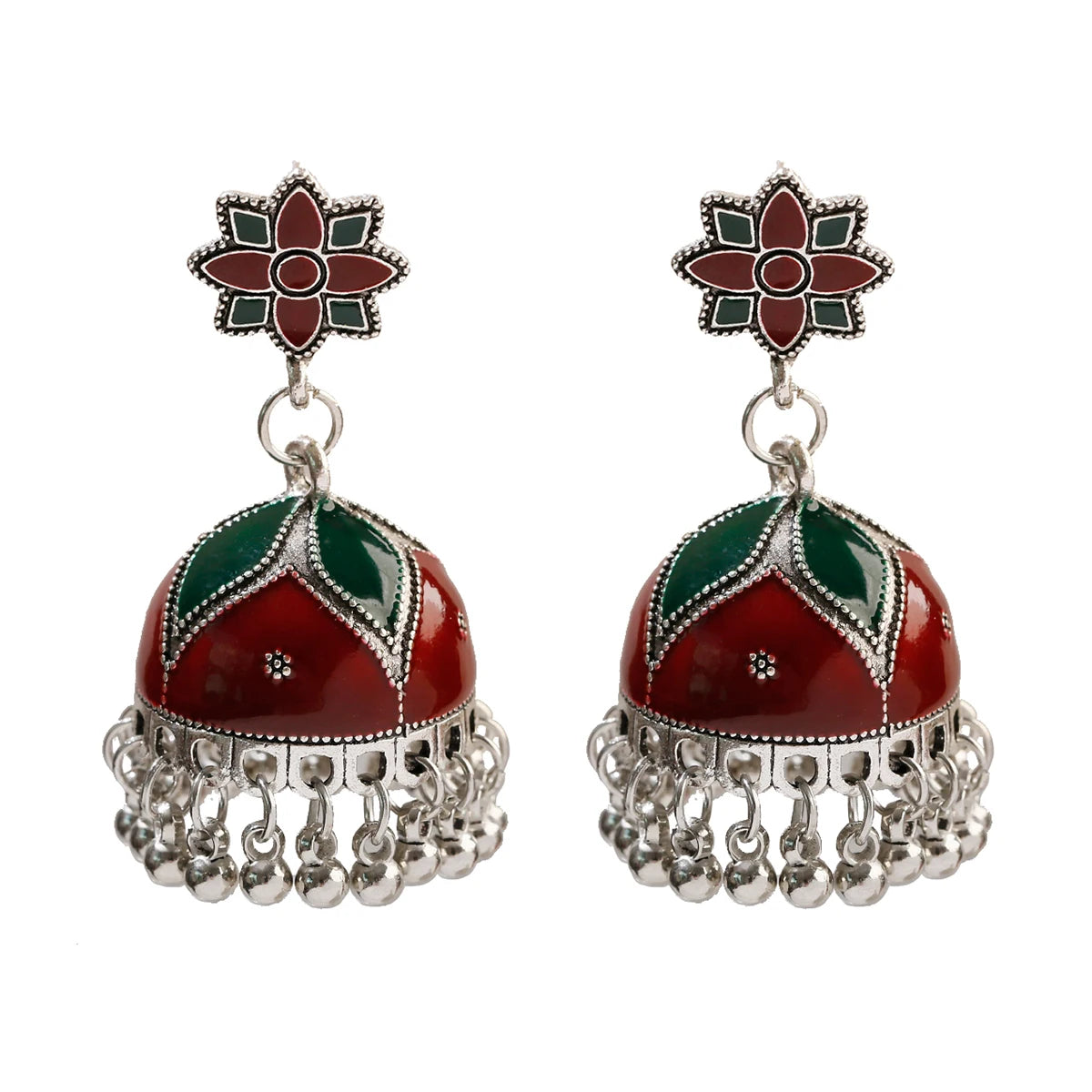 Boho Ethnic Flower Enamel & Bell Tassel Drop Earrings – Vintage Gold Crystal Bead